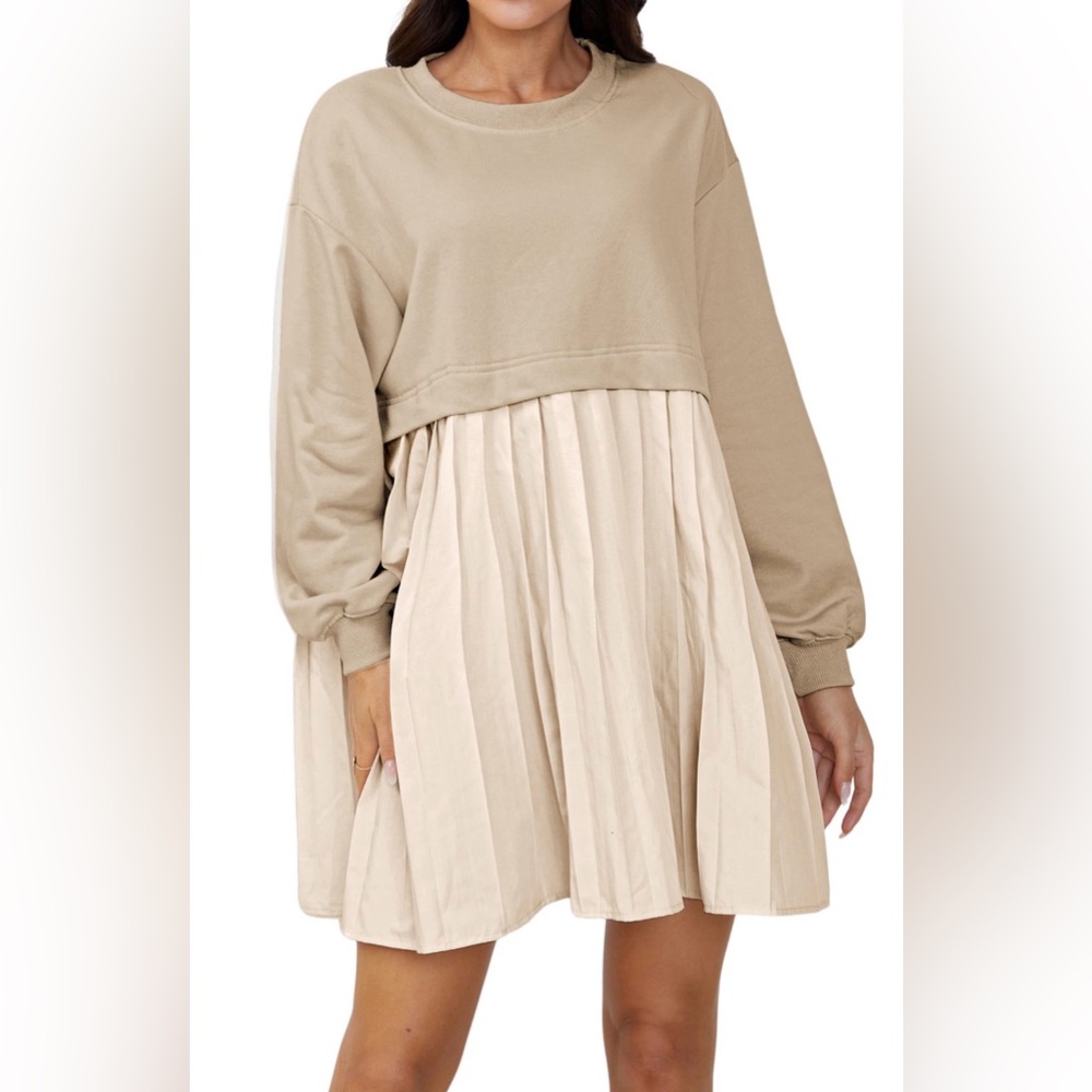 Dress Womens Medium Tan Mixed Media Pleated Sweatshirt Mini